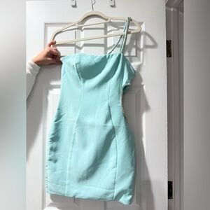 Oh Polly One Shoulder Aqua Dress